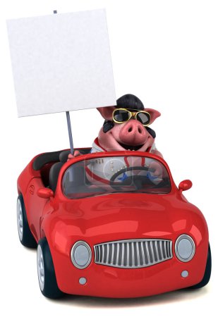 Photo for Fun 3D cartoon illustration of a pig rocker in car - Royalty Free Image