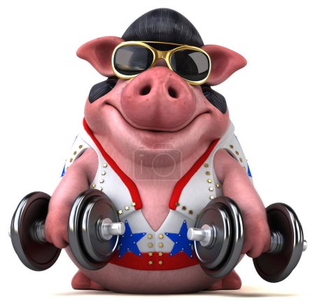 Téléchargez les photos : Fun 3D cartoon illustration of a pig rocker with weight - en image libre de droit