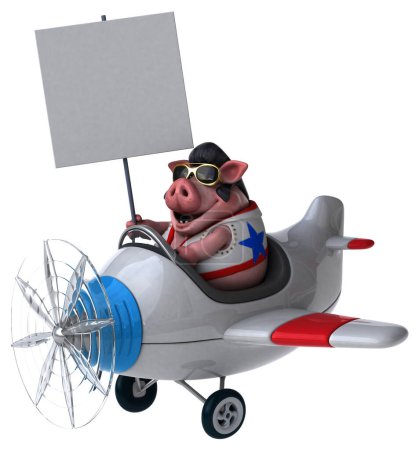 Photo for Fun 3D cartoon illustration of a pig rocker on plane - Royalty Free Image