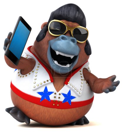 Photo for Fun 3D cartoon illustration of a Orang Outan rocker with smartphone - Royalty Free Image
