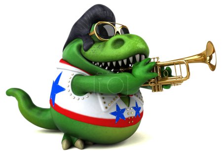 Téléchargez les photos : Fun 3D cartoon illustration of a Trex rocker with instrument - en image libre de droit