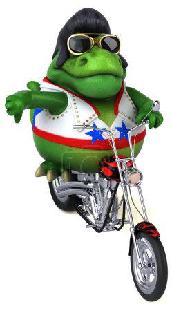 Téléchargez les photos : Fun 3D cartoon illustration of a Trex rocker on motorbike - en image libre de droit