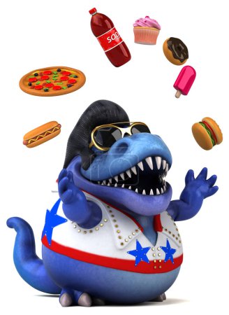 Photo for Fun 3D cartoon illustration of a Trex rocker with food - Royalty Free Image