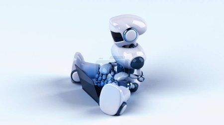 Téléchargez les photos : Fun 3D robot character  programming a laptop - en image libre de droit