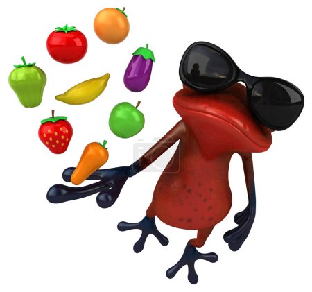Téléchargez les photos : Fun red frog with vegetables and fruits   - 3D Illustration - en image libre de droit
