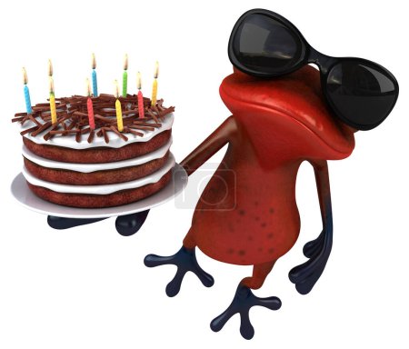 Téléchargez les photos : Grenouille rouge amusante avec gâteau - Illustration 3D - en image libre de droit