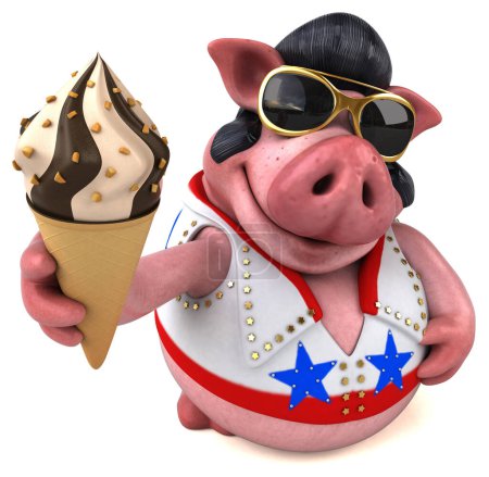 Téléchargez les photos : Illustration de dessin animé 3D amusant d'un rocker de porc avec crème glacée - en image libre de droit