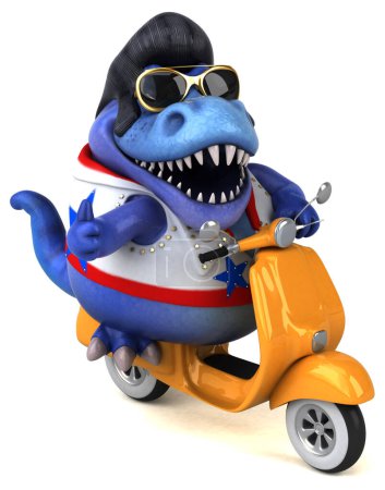 Téléchargez les photos : Fun 3D cartoon illustration of a Trex rocker on scooter - en image libre de droit