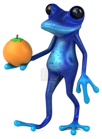 Téléchargez les photos : Grenouille bleue amusante avec orange - Illustration 3D - en image libre de droit