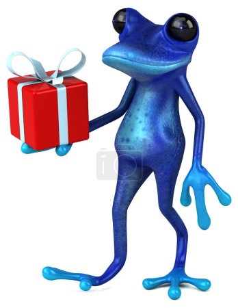 Téléchargez les photos : Grenouille bleue amusante avec un cadeau - Illustration 3D - en image libre de droit