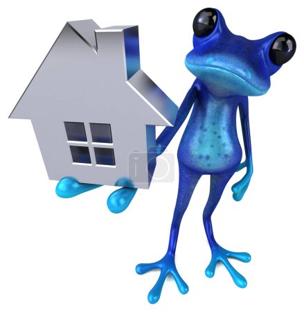 Téléchargez les photos : Grenouille bleue amusante avec maison - Illustration 3D - en image libre de droit