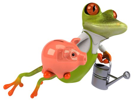 Téléchargez les photos : Amusant jardinier grenouille avec tirelire - Illustration 3D - en image libre de droit