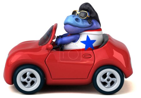 Téléchargez les photos : Fun 3D cartoon illustration of a Trex rocker on car - en image libre de droit