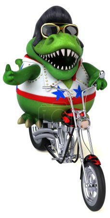 Foto de Fun 3D cartoon illustration of a Trex rocker on motorbike - Imagen libre de derechos
