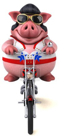 Téléchargez les photos : Fun 3D cartoon illustration of a pig rocker on motorbike - en image libre de droit
