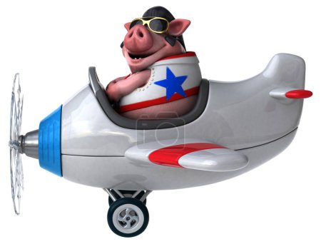 Photo for Fun 3D cartoon illustration of a pig rocker on plane - Royalty Free Image