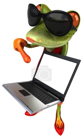Téléchargez les photos : Fun frog with latop  - 3D Illustration - en image libre de droit