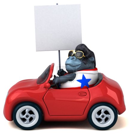 Photo for Fun 3D cartoon illustration of a rocker gorilla on car - Royalty Free Image
