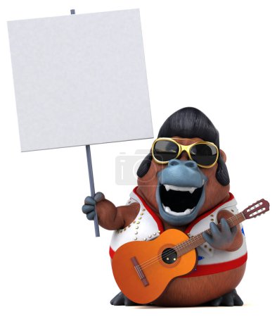 Téléchargez les photos : Illustration de dessin animé 3D amusant d'un rocker Orang Outan avec guitare - en image libre de droit
