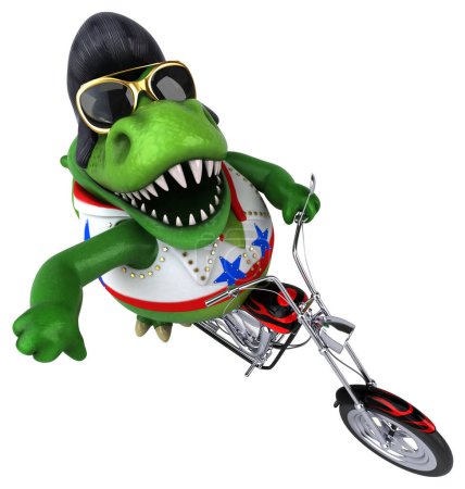 Photo for Fun 3D cartoon illustration of a Trex rocker on motorbike - Royalty Free Image