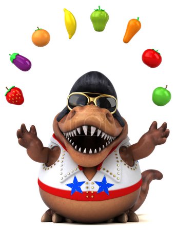 Photo for Fun 3D cartoon illustration of a Trex rocker with vegetables and fruits   - 3D Illustration - Royalty Free Image