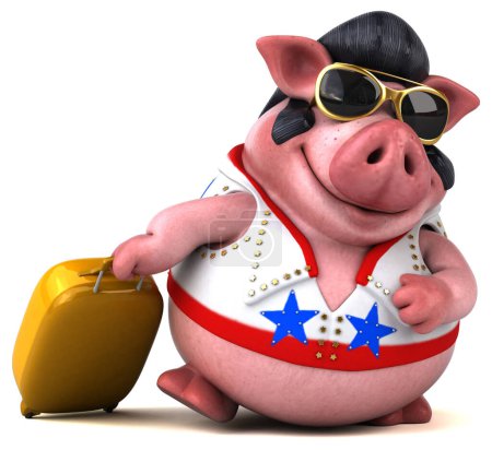 Téléchargez les photos : Illustration de dessin animé 3D amusant d'un rocker cochon avec valise - en image libre de droit