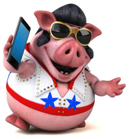 Foto de Diversión ilustración de dibujos animados 3D de un rockero de cerdo con teléfono inteligente - Imagen libre de derechos