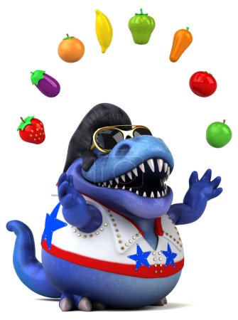 Photo for Fun 3D cartoon illustration of a Trex rocker with fruits and vegetables - Royalty Free Image