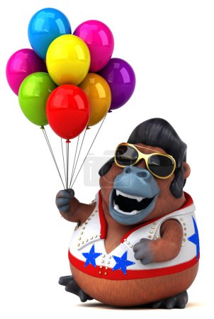 Foto de Diversión ilustración de dibujos animados 3D de un rockero Orang Outan con globos - Imagen libre de derechos