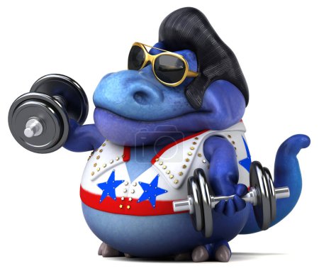 Téléchargez les photos : Fun 3D cartoon illustration of a Trex rocker with weights - en image libre de droit