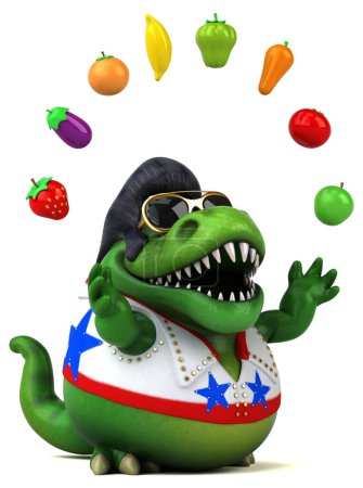 Photo for Fun 3D cartoon illustration of a Trex rocker with fruits - Royalty Free Image