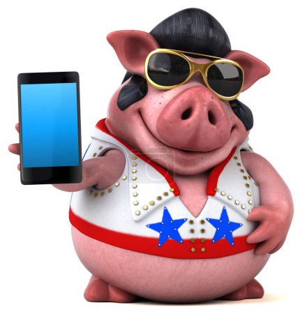 Téléchargez les photos : Illustration de dessin animé 3D amusant d'un rocker cochon avec smartphone - en image libre de droit