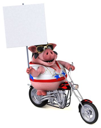Téléchargez les photos : Fun 3D cartoon illustration of a pig rocker on motorbike - en image libre de droit