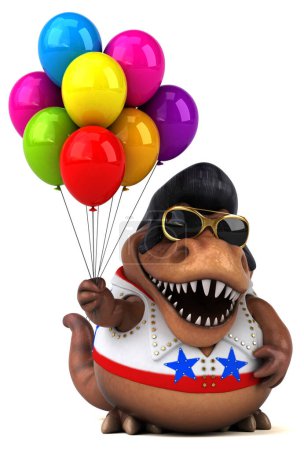 Photo for Fun 3D cartoon illustration of a Trex rocker with balloons - Royalty Free Image