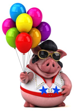 Photo for Fun 3D cartoon illustration of a pig rocker with balloons - Royalty Free Image