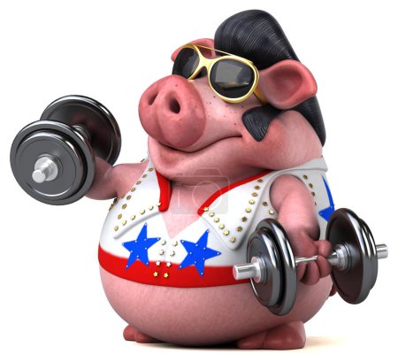 Foto de Fun 3D cartoon illustration of a pig rocker with weights - Imagen libre de derechos