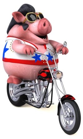 Photo for Fun 3D cartoon illustration of a pig rocker on  motorbike - Royalty Free Image