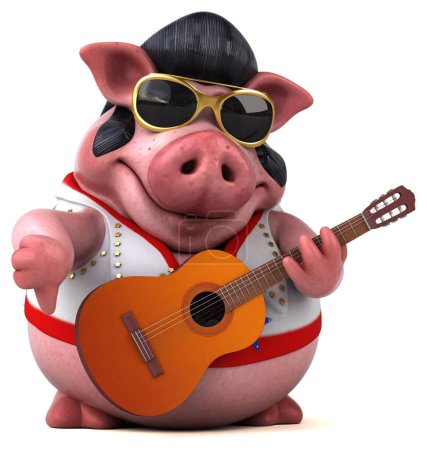 Téléchargez les photos : Fun 3D cartoon illustration of a pig rocker with guitar - en image libre de droit