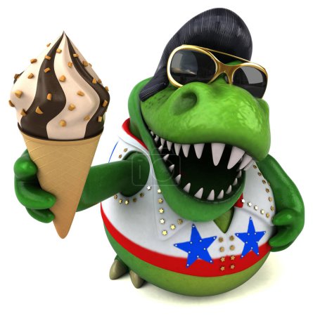 Téléchargez les photos : Fun 3D cartoon illustration of a Trex rocker with ice cream - en image libre de droit