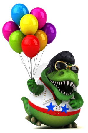 Photo for Fun 3D cartoon illustration of a Trex rocker with balons - Royalty Free Image
