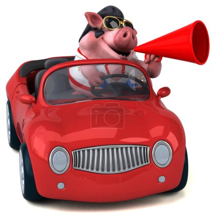 Photo for Fun 3D cartoon illustration of a pig rocker on car - Royalty Free Image