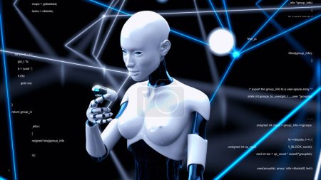 Foto de Mujer robot sosteniendo una píldora biotecnológica - Imagen libre de derechos