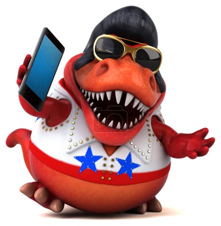 Photo for Fun 3D cartoon illustration of a Trex rocker character with smartphone - Royalty Free Image