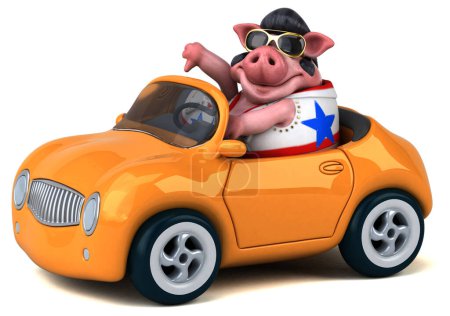 Photo for Fun 3D cartoon illustration of a pig rocker on car - Royalty Free Image