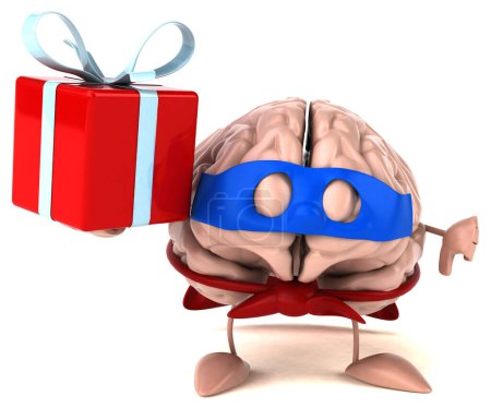 Téléchargez les photos : Cerveau personnage de dessin animé avec cadeau - en image libre de droit