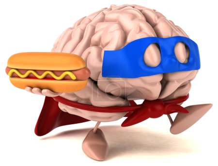 Téléchargez les photos : Cerveau personnage de dessin animé avec hotdog - en image libre de droit