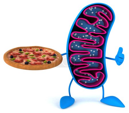 Téléchargez les photos : Amusant personnage de mitochondrie de dessin animé 3D avec pizza - en image libre de droit