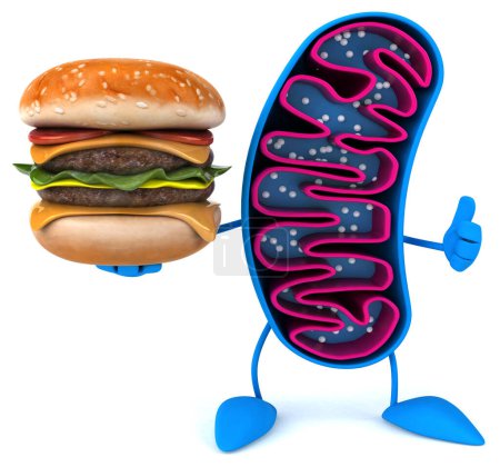 Foto de Divertido personaje de mitocondrias de dibujos animados 3D con hamburguesa - Imagen libre de derechos