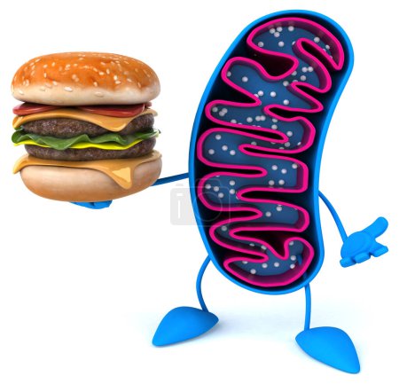 Foto de Divertido personaje de mitocondrias de dibujos animados 3D con hamburguesa - Imagen libre de derechos