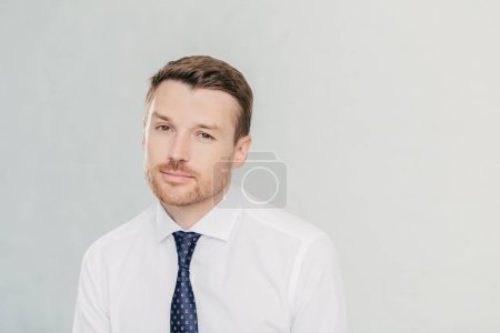 Photo for Successful male leader with confident look, thinks about cooperation with partner, wants to improve his financial situation, wears white elegant shirt and tie, isolated over white background - Royalty Free Image